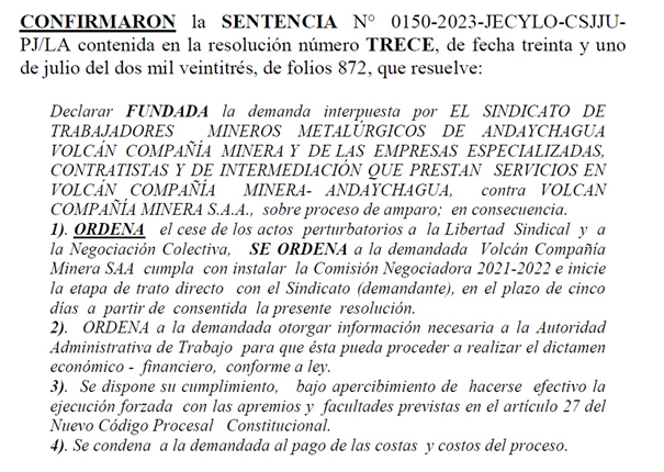 On appeal, the Peruvian court has rejected Glencore’s bid and ordered for the multinational’s mining company Volcan to stop its disruptive acts against freedom of association and collective bargaining.
