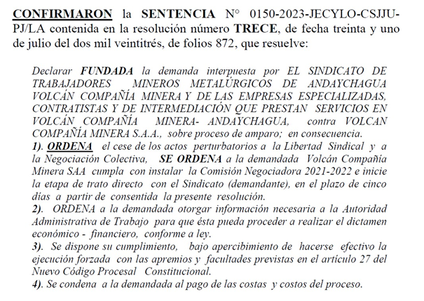 Judge rejects Volcan-Glencore appeal: miners can now start negotiating On appeal, the Peruvian court has rejected Glencore’s bid and ordered for the multinational’s mining company Volcan to stop its disruptive acts against freedom of association and collective bargaining.