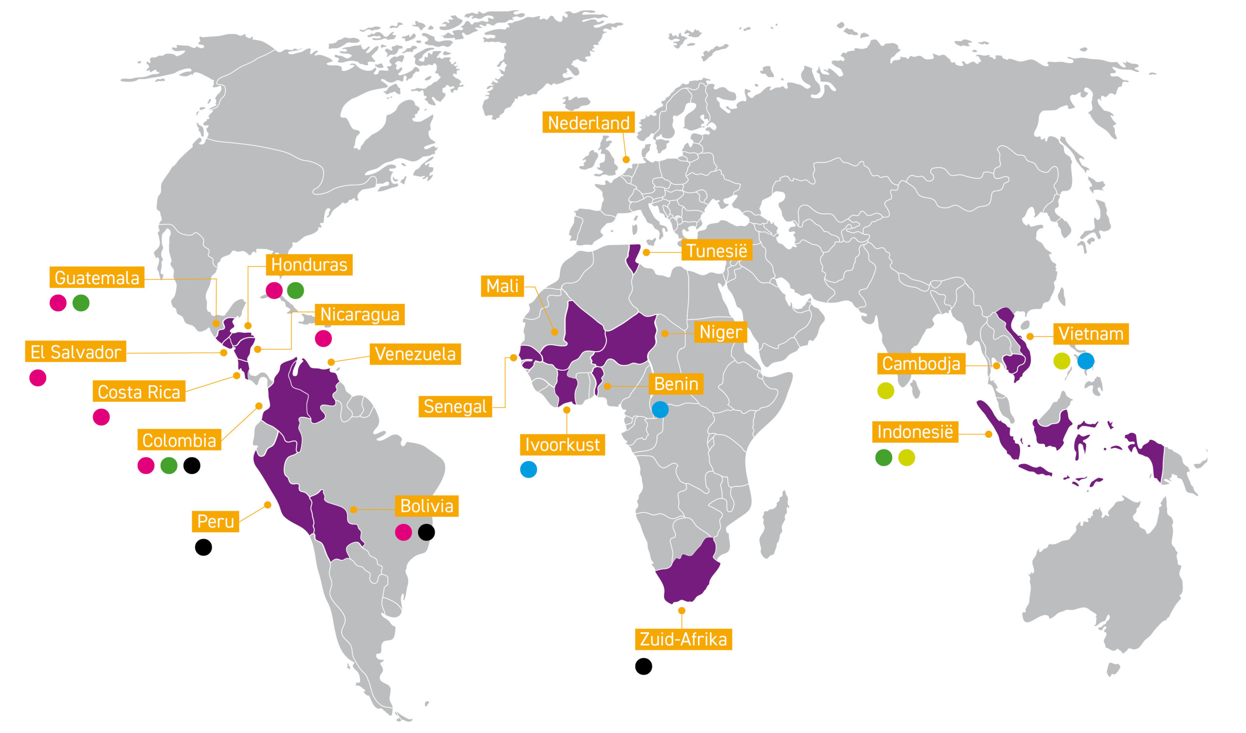 CNV Internationaal landen waar we werken met vakbondspartners uit Afrika, Azië en Latijns-Amerika