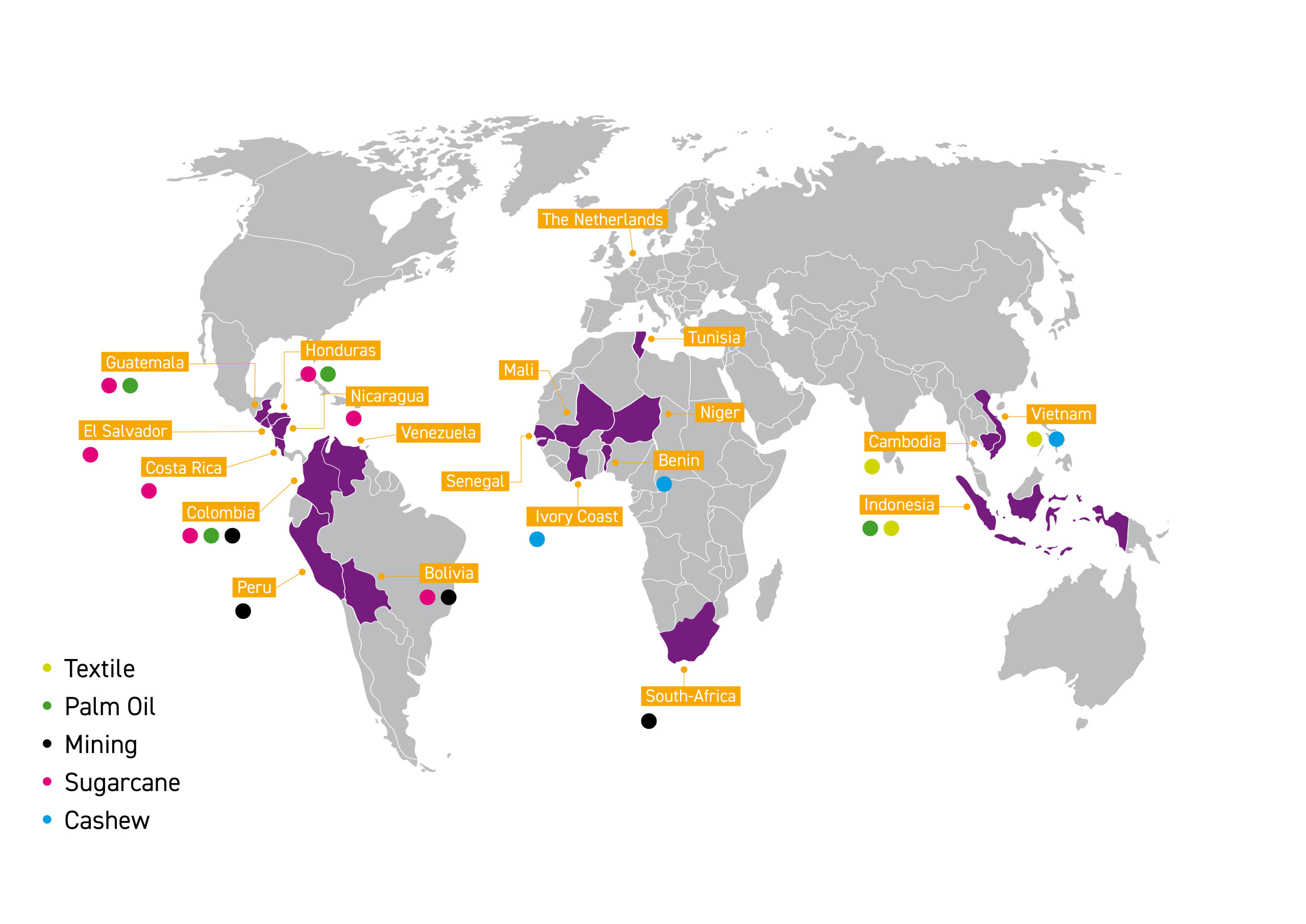Countries CNV Internationaal where we work including supply chains - map