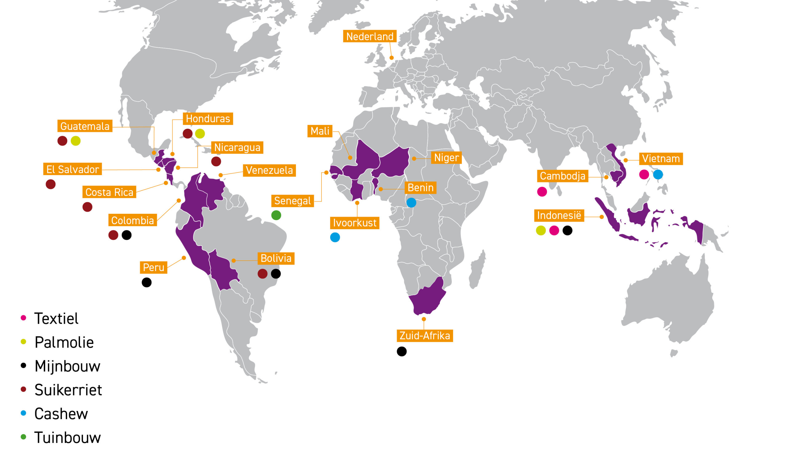 Kaart CNV Internationaal landen en toeleveringsketens waar we werken
