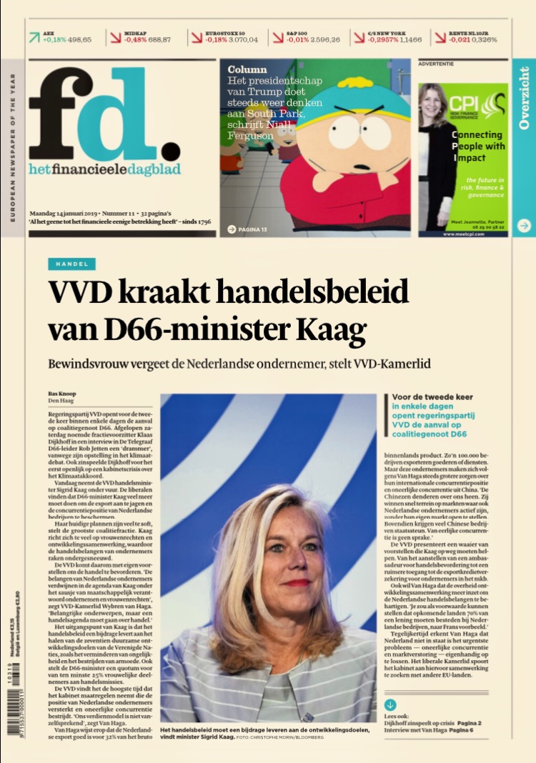 VVD op voorpagina FD over beleid Minister Kaag