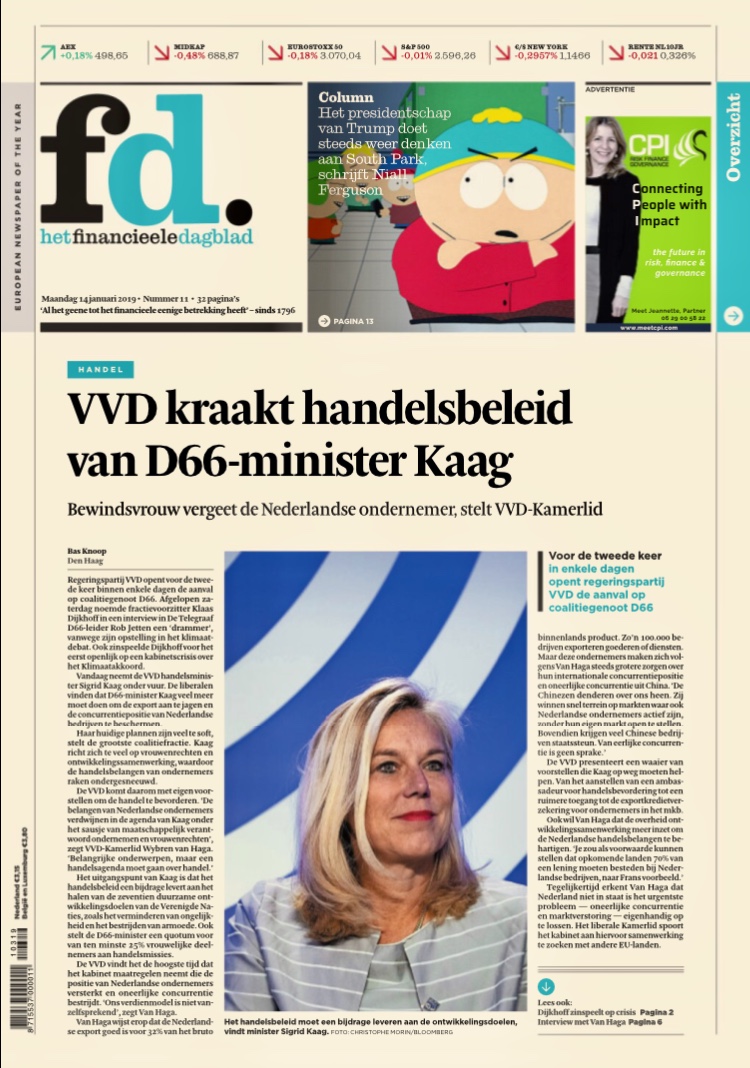 VVD op voorpagina FD over beleid Minister Kaag VVD op voorpagina FD over beleid Minister Kaag